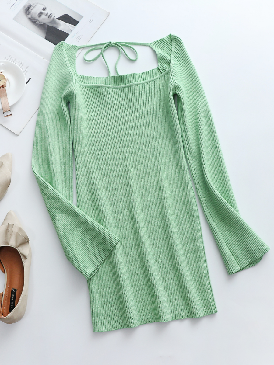 Low Neck Tie Open Back Knit Dress - Mint