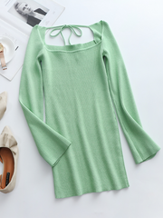 Low Neck Tie Open Back Knit Dress - Mint
