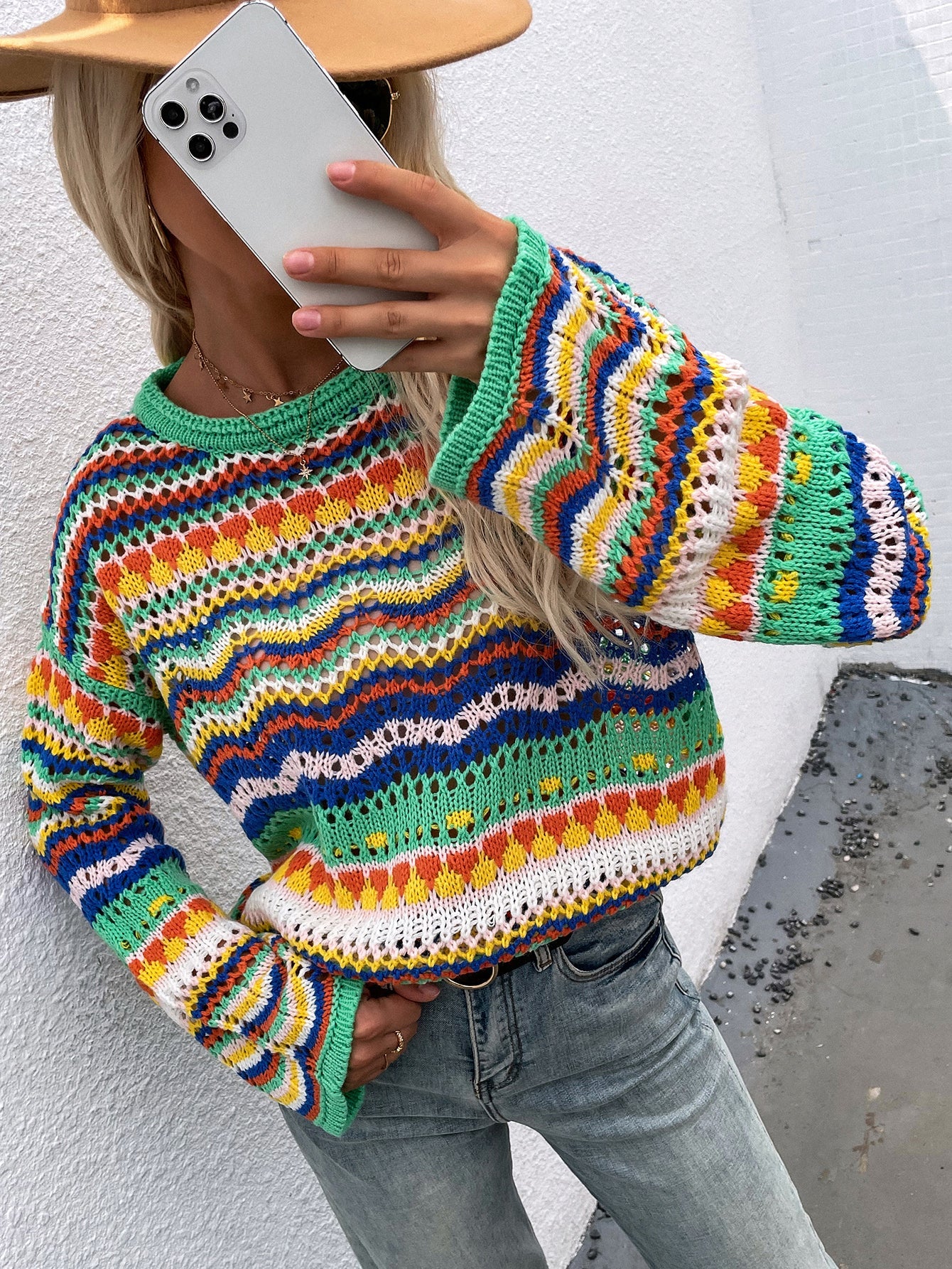 MARMO Zig Zag Crochet Knit Top - Green