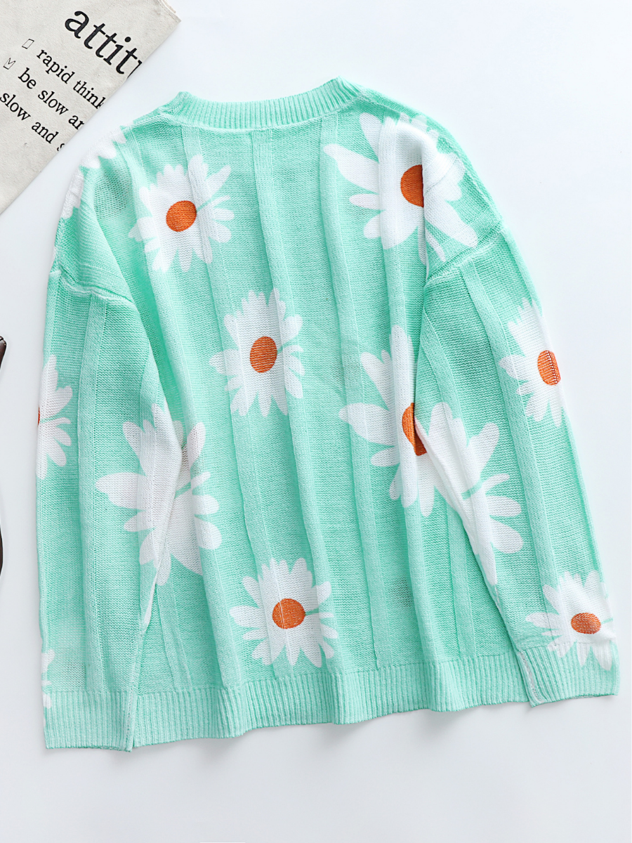 Perforated Sunflower Patterned Knit Top - Green