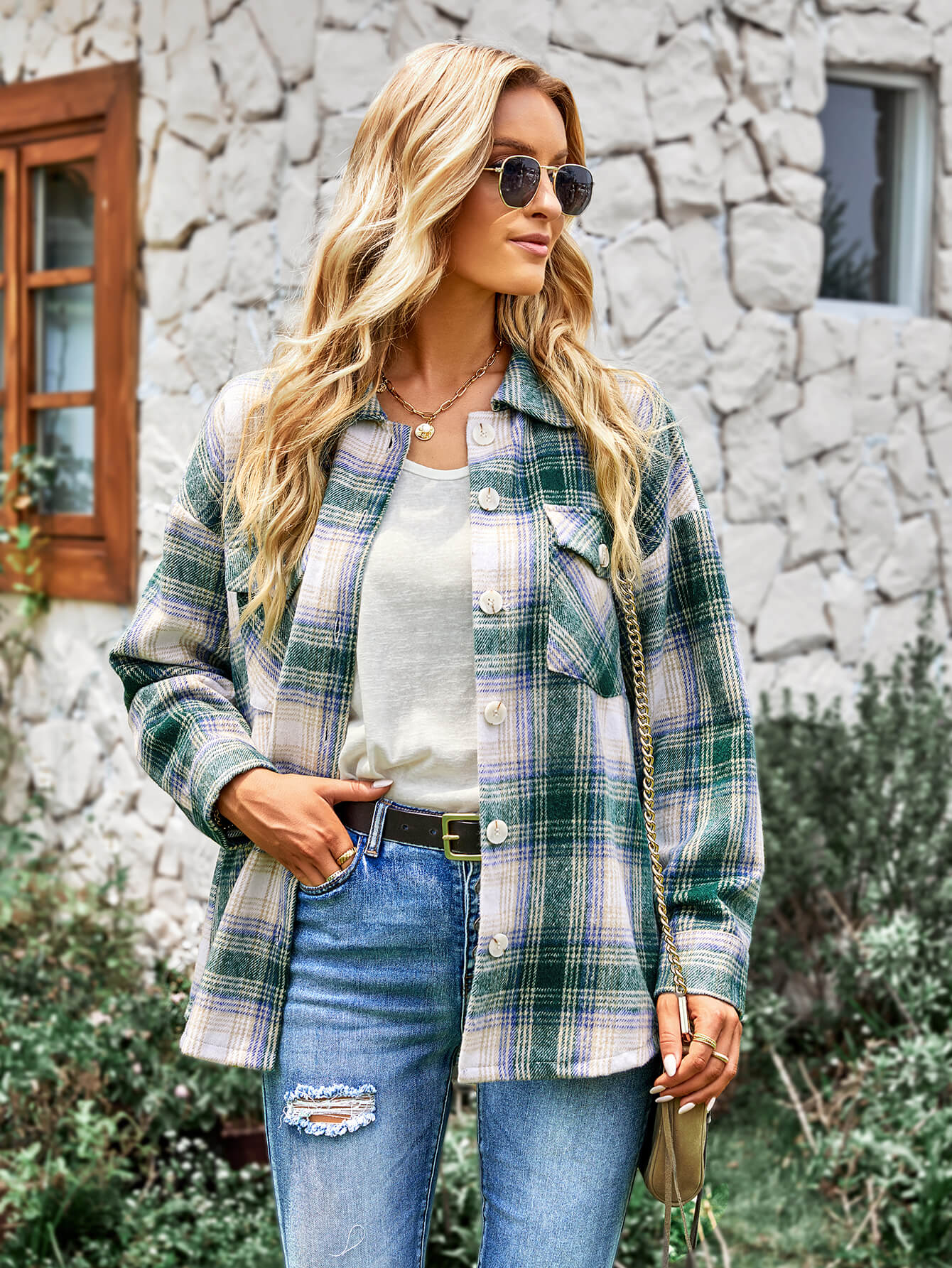TYPICAL FALL POCKETED PLAID SHACKET - GREEN