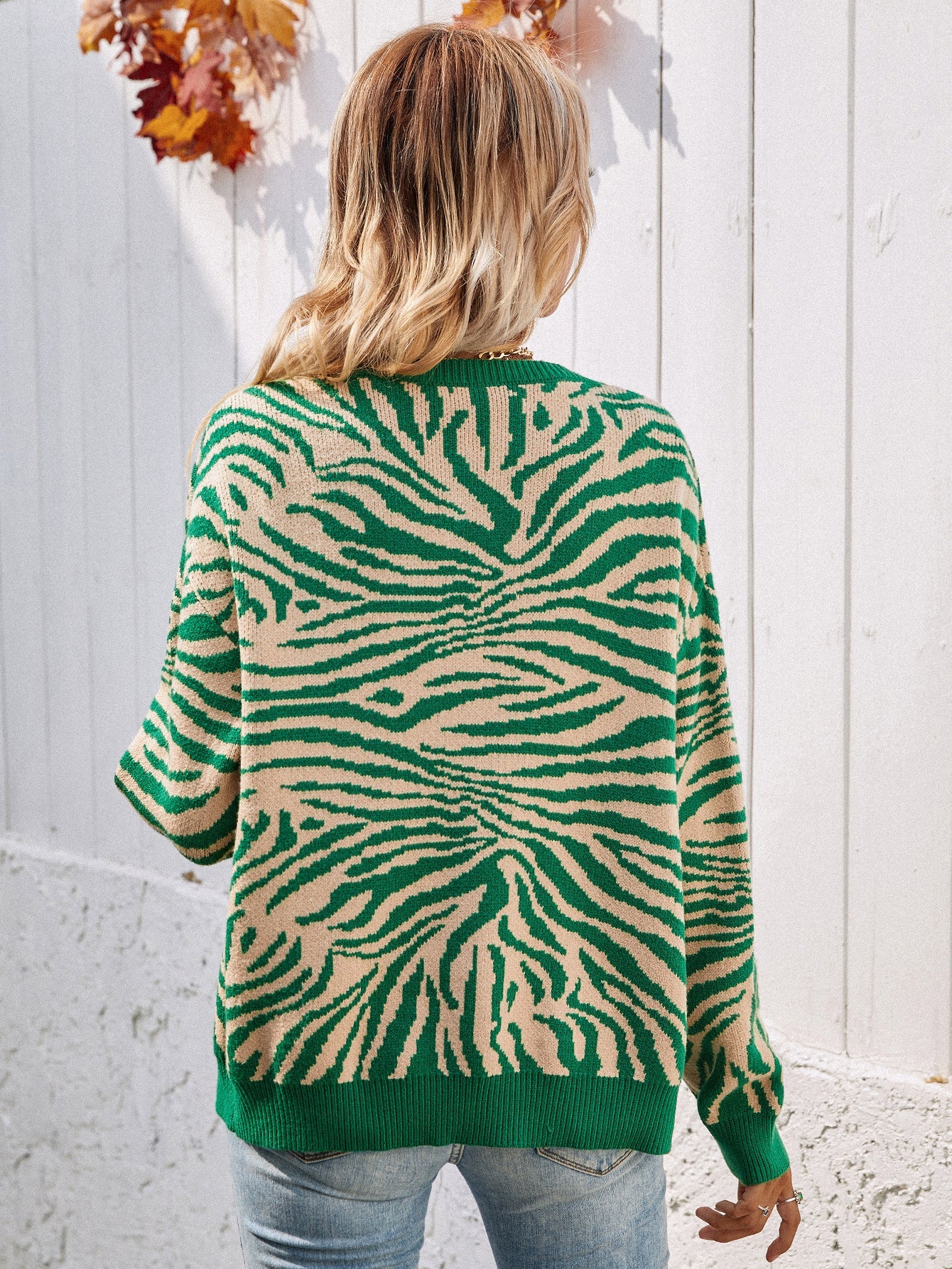 Tiger Year Animal Patterned Knit Cardigan - Green