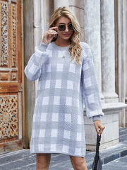KAITLYN Plaid Knit Dress - Grey