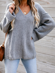 MACHE Low V-Neck Oversize Sleeve Knit Top - Grey