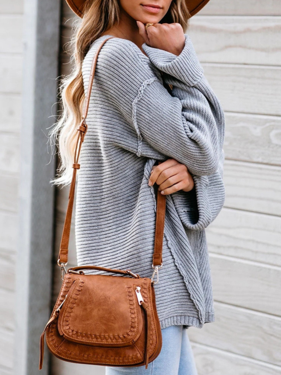 MACHE Low V-Neck Oversize Sleeve Knit Top - Grey