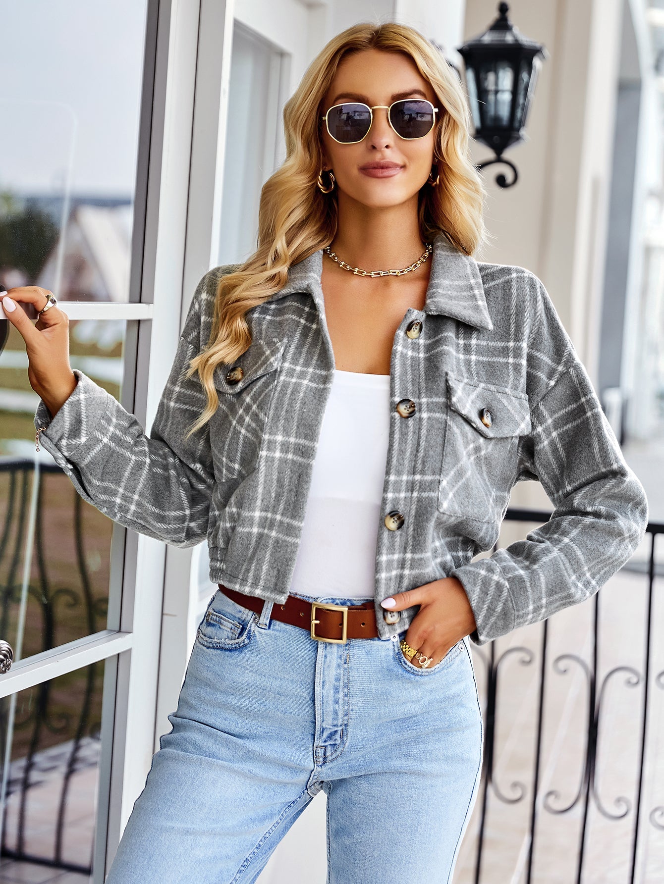 HONEYCOMB PLAID SHACKET - GREY