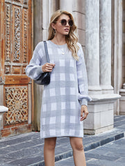 KAITLYN Plaid Knit Dress - Grey