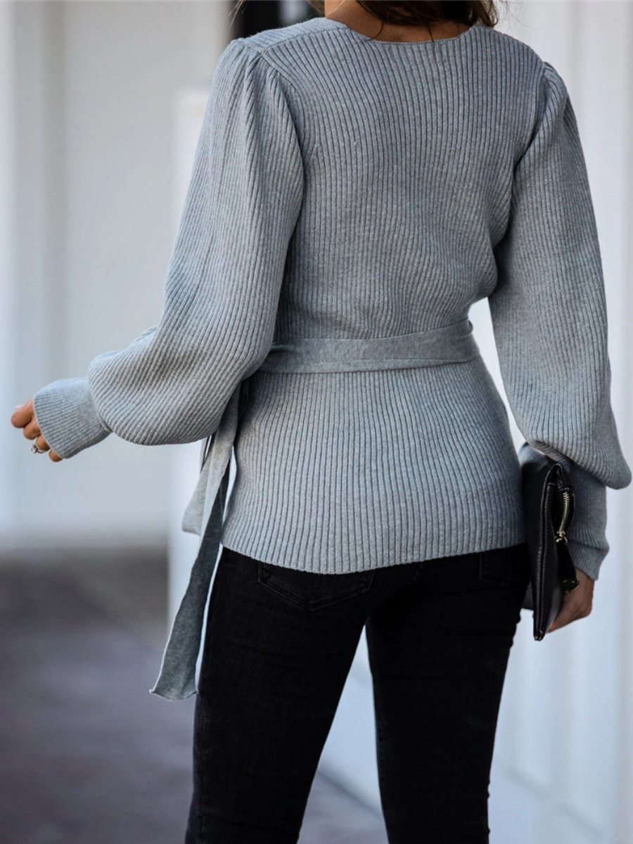 LEONORA Bishop Sleeve Knit Top - Grey