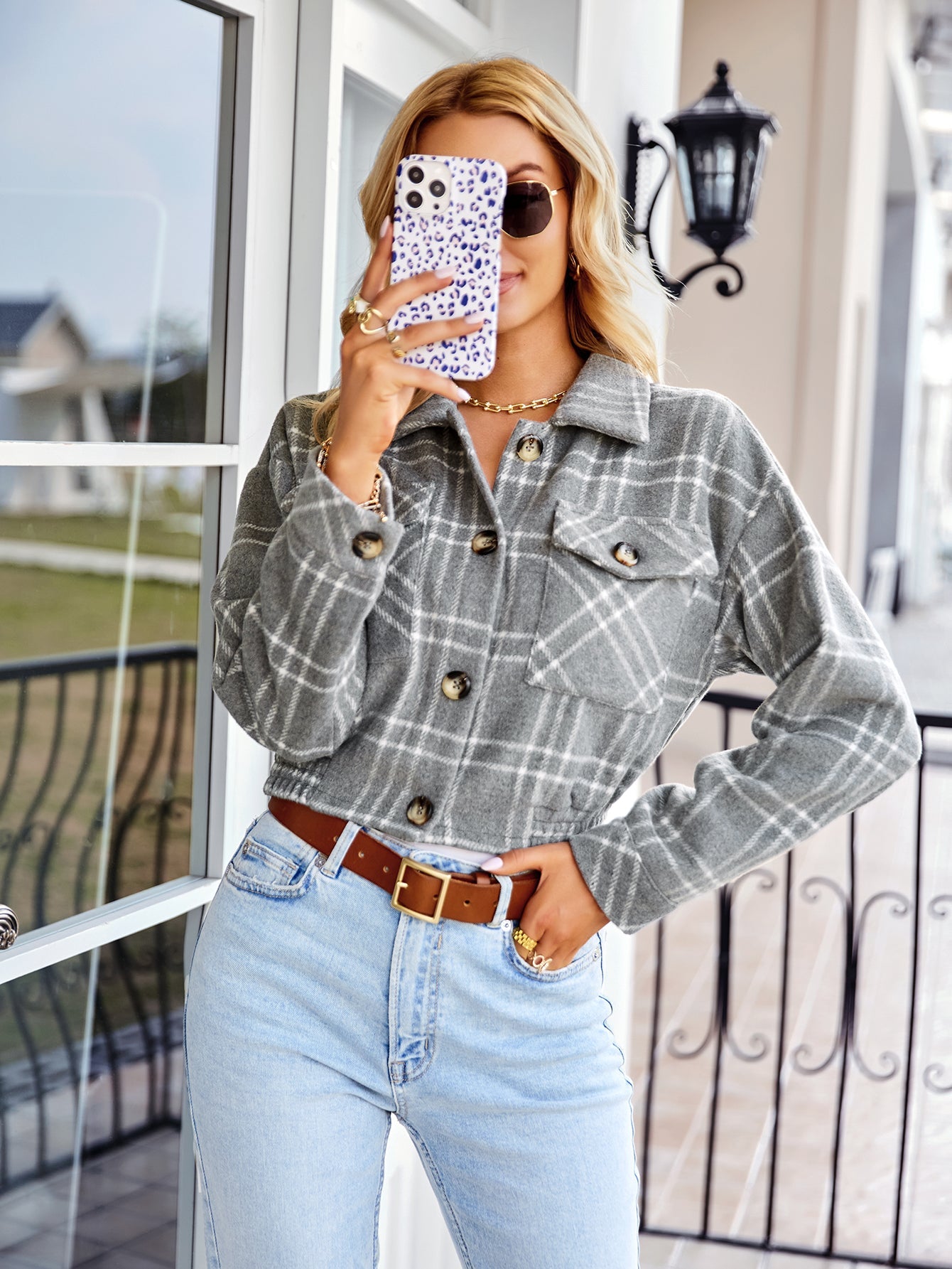 HONEYCOMB PLAID SHACKET - GREY