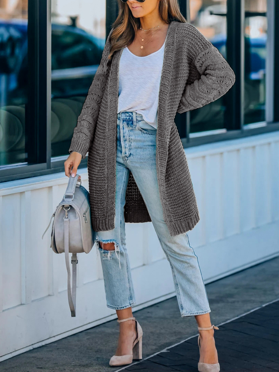 Grey Braid Open Knit Long Cardigan