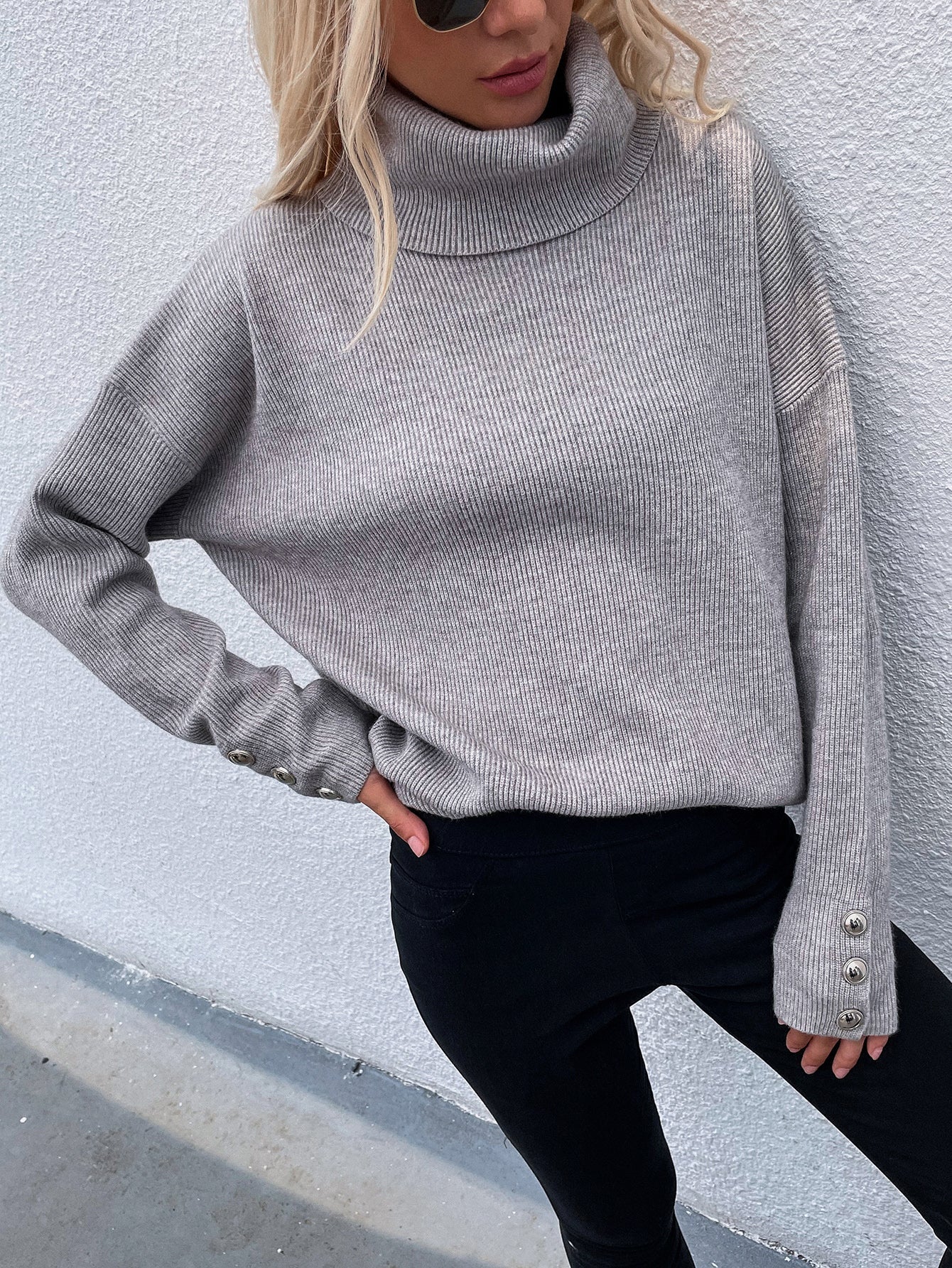 Grey Oversized Collar Turtleneck Knit Sweater