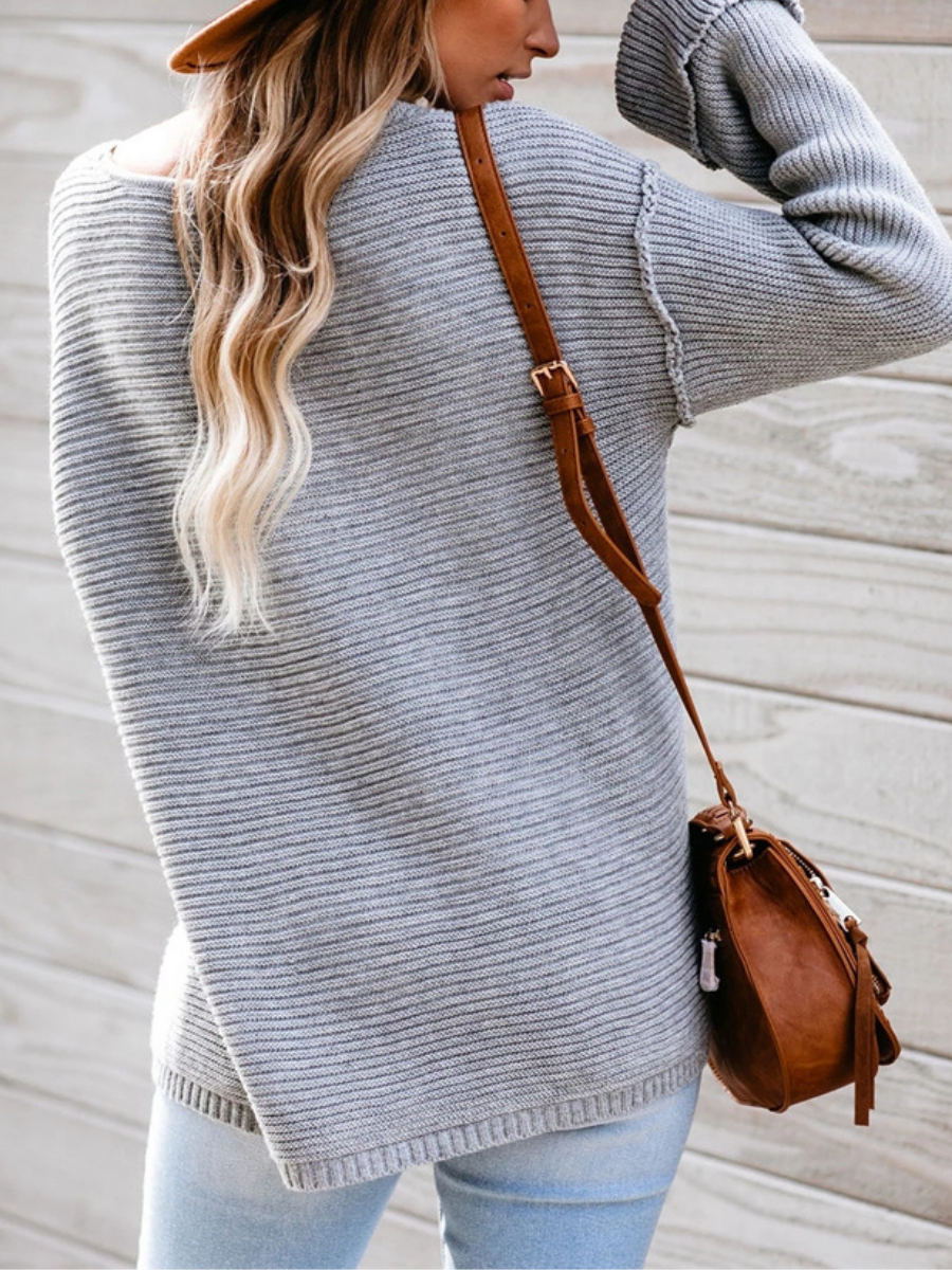 MACHE Low V-Neck Oversize Sleeve Knit Top - Grey