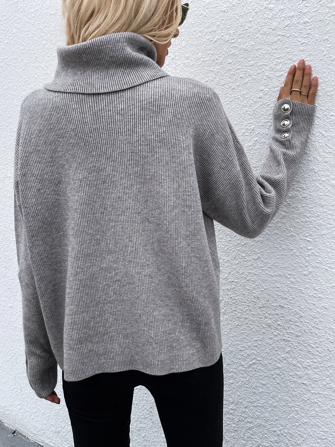 Grey Oversized Collar Turtleneck Knit Sweater