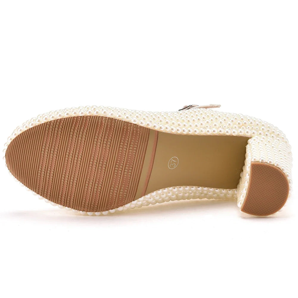 Crystal Queen Platform High Heels Mary Janes White Lolita Style Vintage Pumps Party Beige Pearl Wedding Shoes 7CM