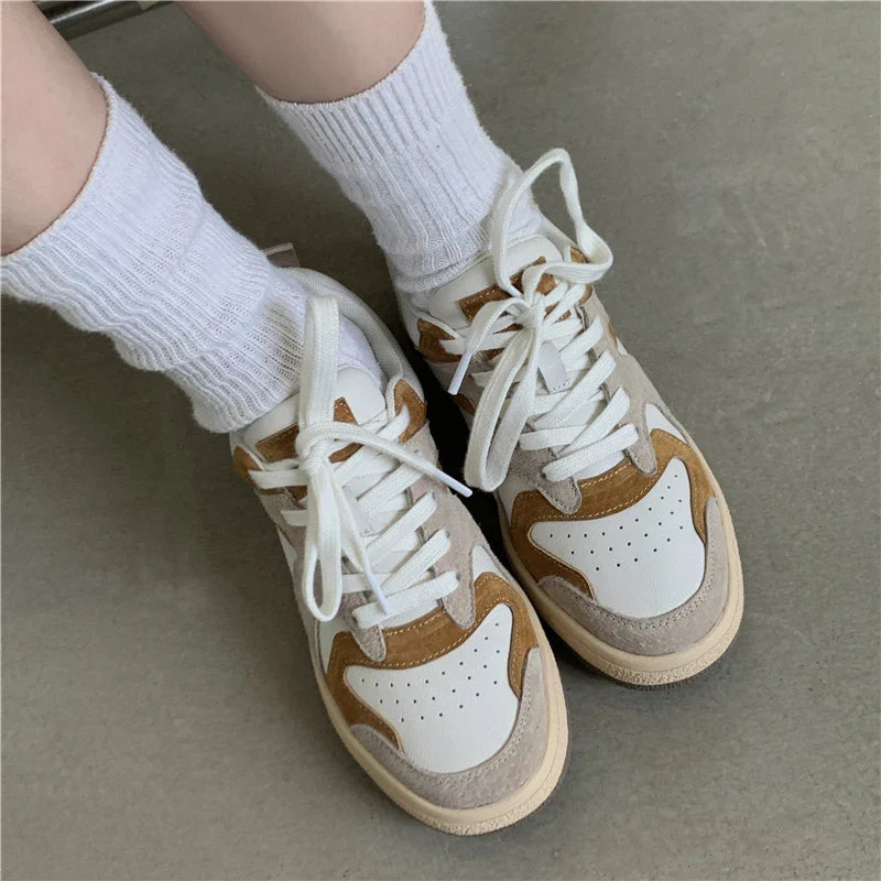 Mixed Colors Cow Suede Leather Sneakers Casual Outdoor Flats Lace-Up Comfortable Shoes Woman Four Season