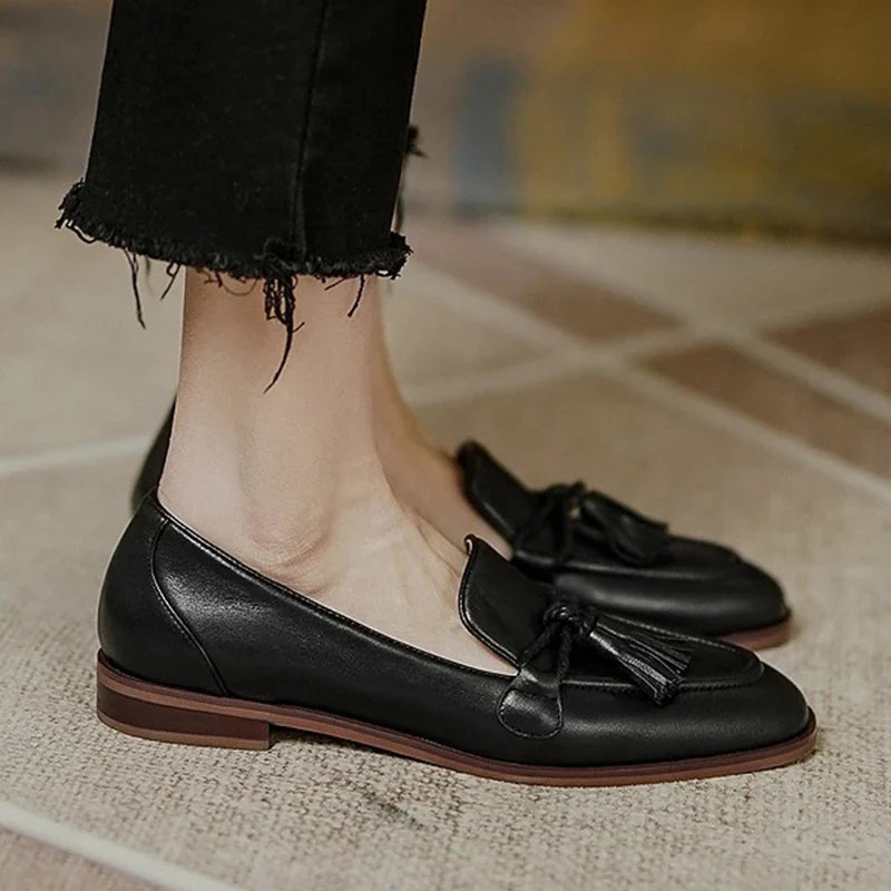 Retro Tassel bow-knot small leather shoes loafers square toe low heels oxfords woman ins genuine leather fringe flats