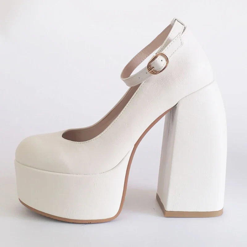 Black White Mary Janes Super Thick High Heels Platforms Pumps