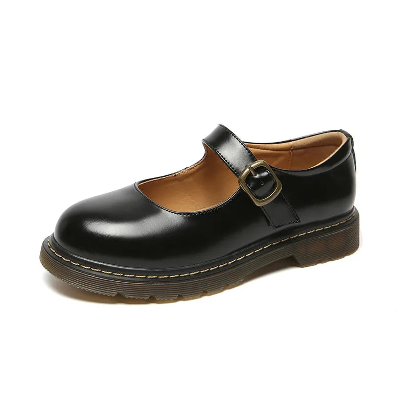 Small Leather Shoes Round Toe High-heeled Retro Leather British College Style Shoes Mary Jane Shoes