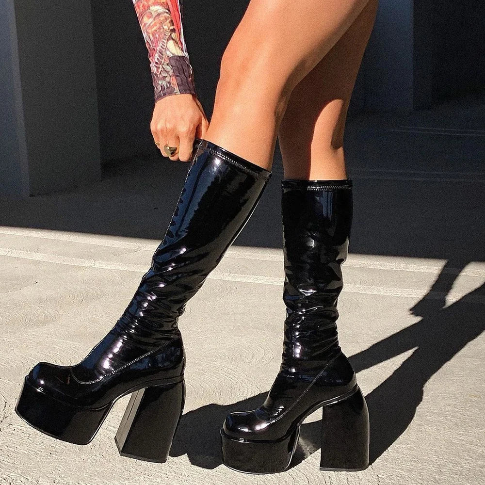 Elastic Knee-High Boots Chunky Platform High Heels Boots Black Zipper Punk Shoes Botas de mujer