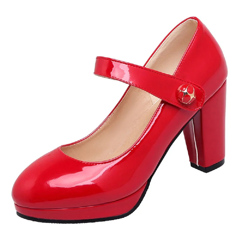 Elegant High Heels Mary Janes Shoes Patent Red Pink White Heeled Party Wedding Shoes Dress Pumps Large Size 45