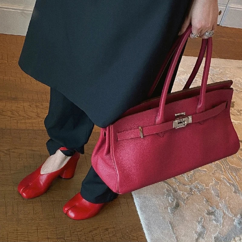 Split Toe Pumps Chunky Round Ankle Strap Buckle High Heels Red Leather Brand Design Winter Shoes Women