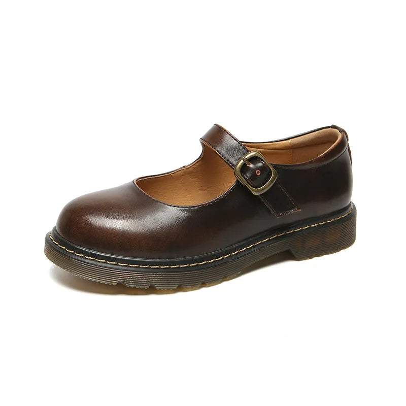 Small Leather Shoes Round Toe High-heeled Retro Leather British College Style Shoes Mary Jane Shoes