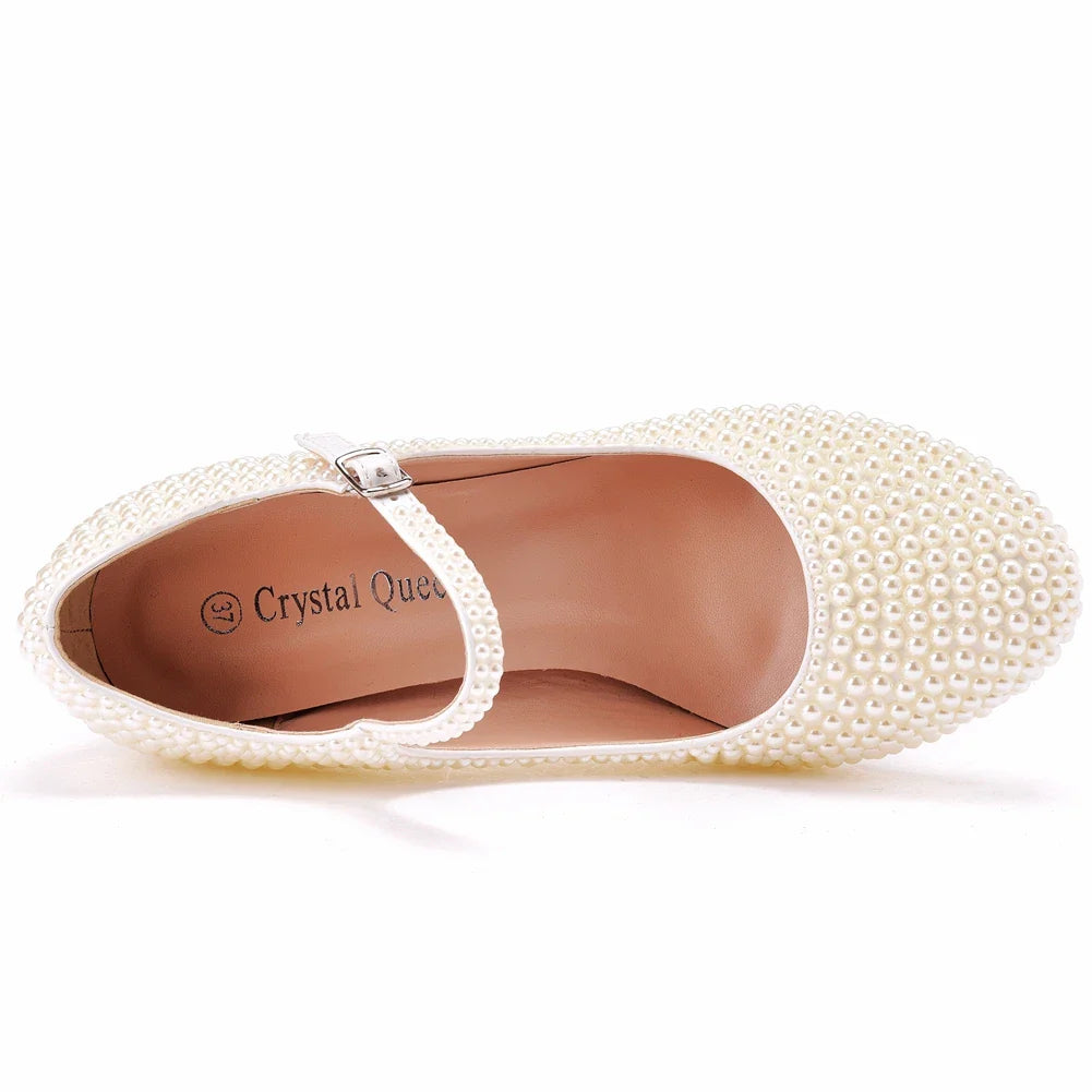 Crystal Queen Platform High Heels Mary Janes White Lolita Style Vintage Pumps Party Beige Pearl Wedding Shoes 7CM