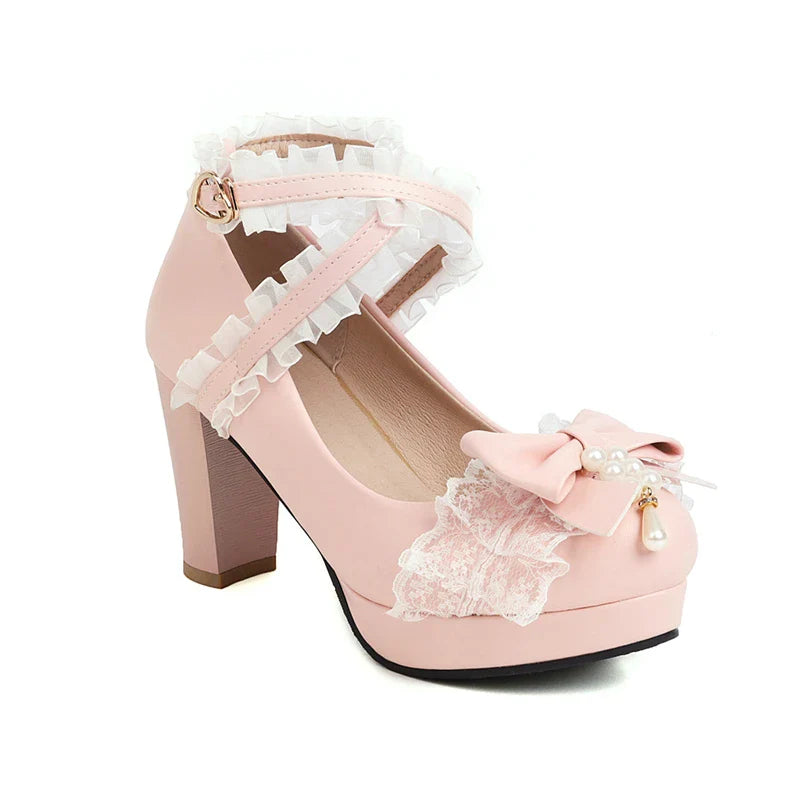 Woman Lolita Style Ankle Strap Shoes Platform Block High Heels Pumps Round Toe Bow Buckle Lady Footwear 46 Blue