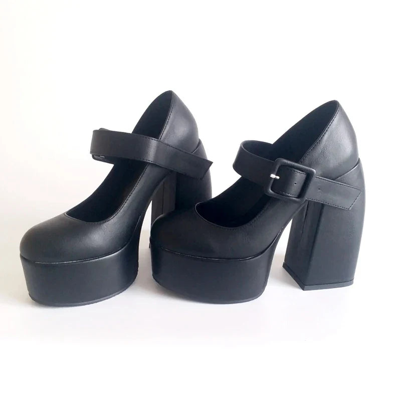 Black White Mary Janes Super Thick High Heels Platforms Pumps
