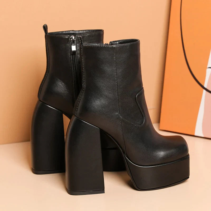 Elastic Knee-High Boots Chunky Platform High Heels Boots Black Zipper Punk Shoes Botas de mujer