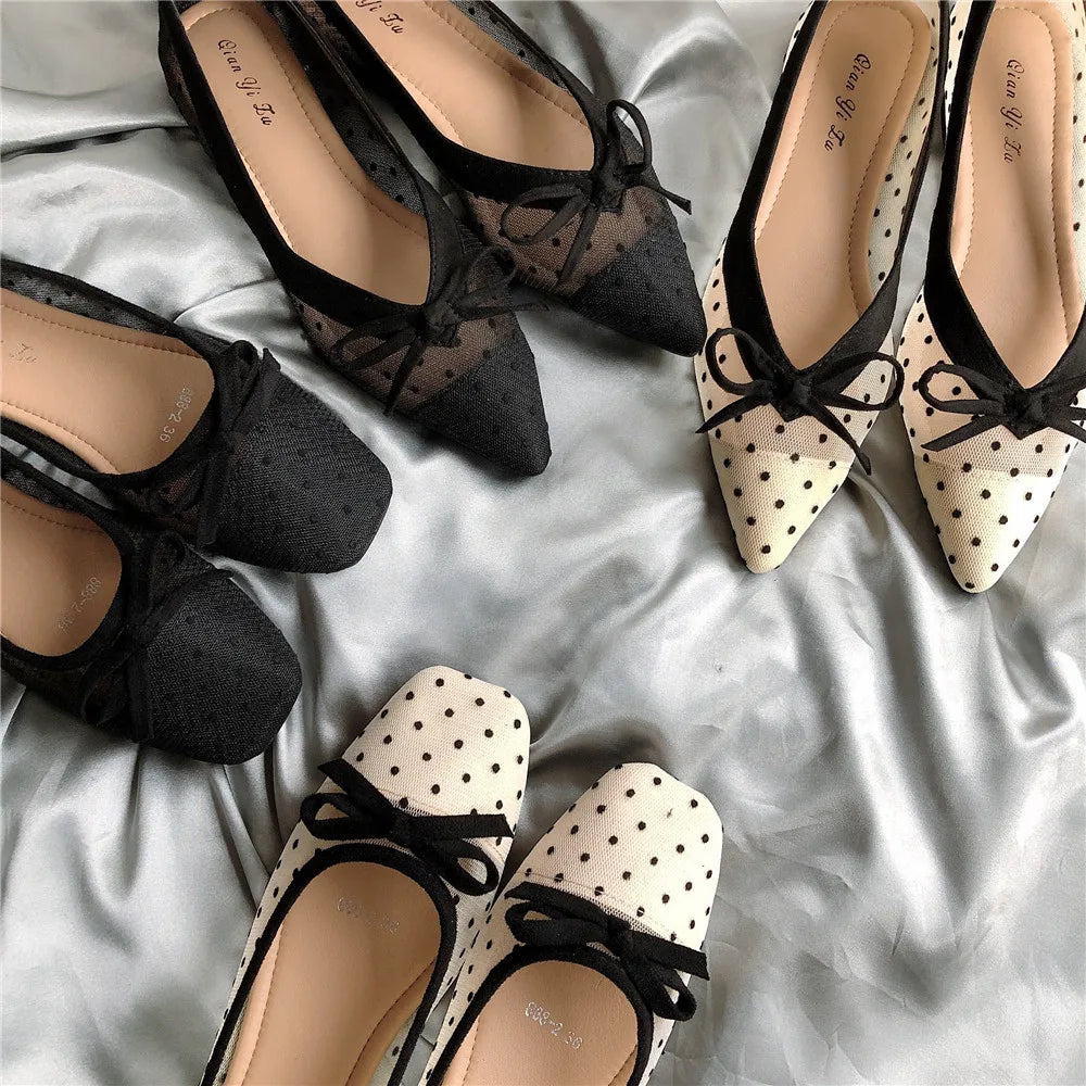 Polka dot air mesh shoes loafers sneakers woman flats espadrilles pointed toe bow-knot breathable moccasins