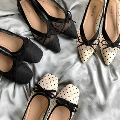 Polka dot air mesh shoes loafers sneakers woman flats espadrilles pointed toe bow-knot breathable moccasins