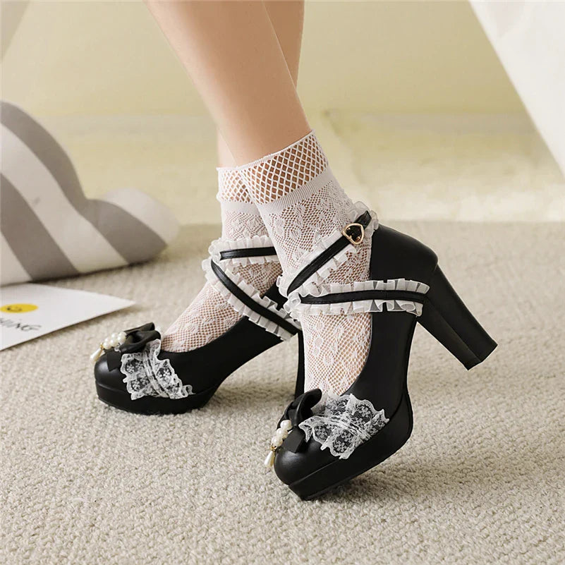 Woman Lolita Style Ankle Strap Shoes Platform Block High Heels Pumps Round Toe Bow Buckle Lady Footwear 46 Blue