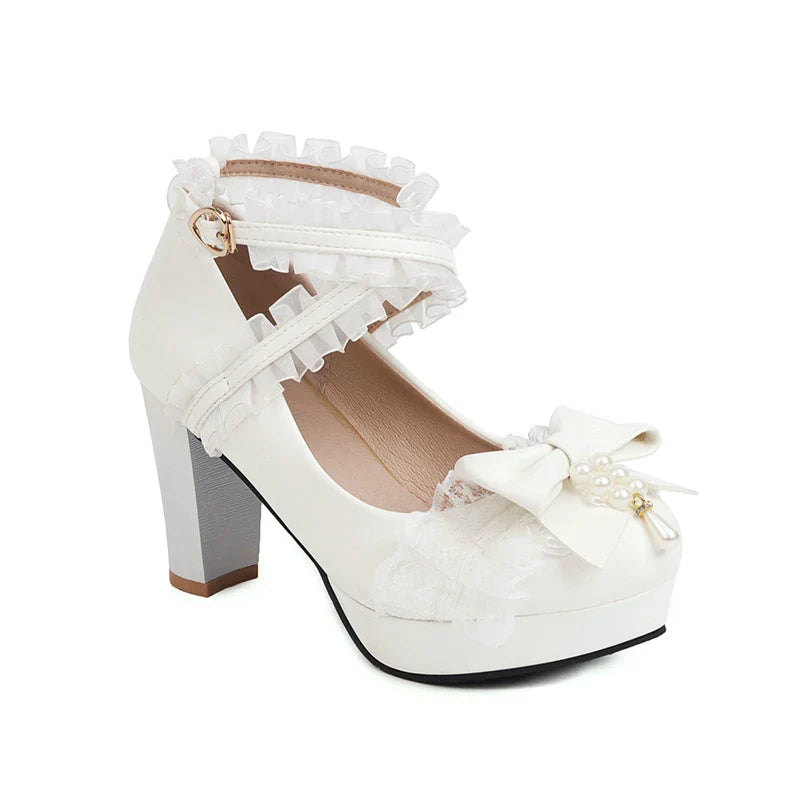 Woman Lolita Style Ankle Strap Shoes Platform Block High Heels Pumps Round Toe Bow Buckle Lady Footwear 46 Blue