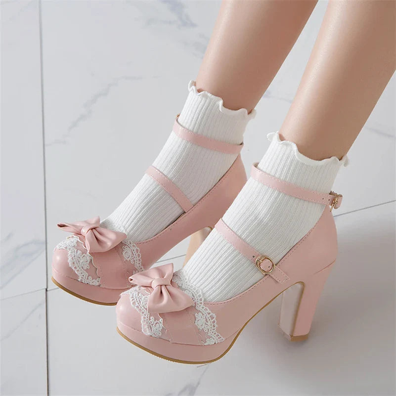 Woman Lolita Style Buckle Shoes Platform Block High Heels Pumps Bow Round Toe Ankle Strap Lady Pumps 34-43 Pink