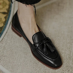Retro Tassel bow-knot small leather shoes loafers square toe low heels oxfords woman ins genuine leather fringe flats