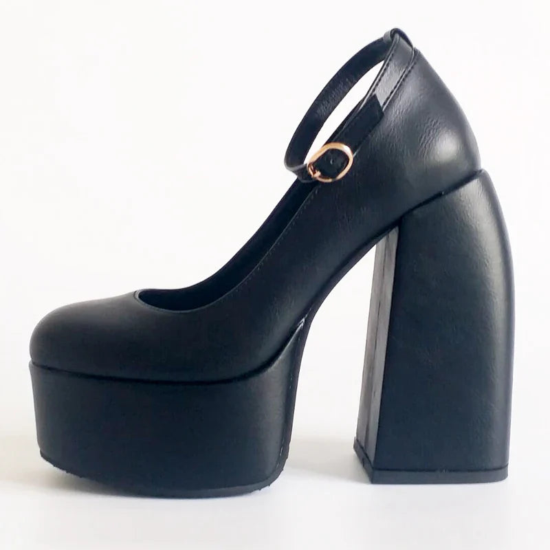 Black White Mary Janes Super Thick High Heels Platforms Pumps