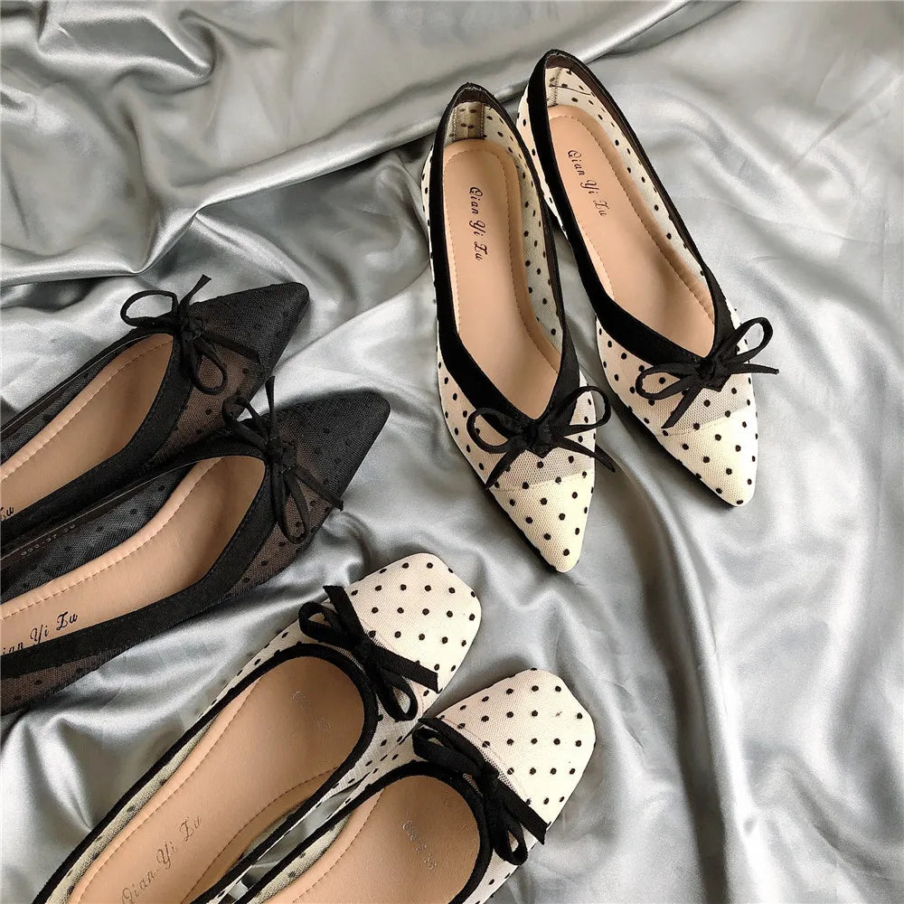 Polka dot air mesh shoes loafers sneakers woman flats espadrilles pointed toe bow-knot breathable moccasins