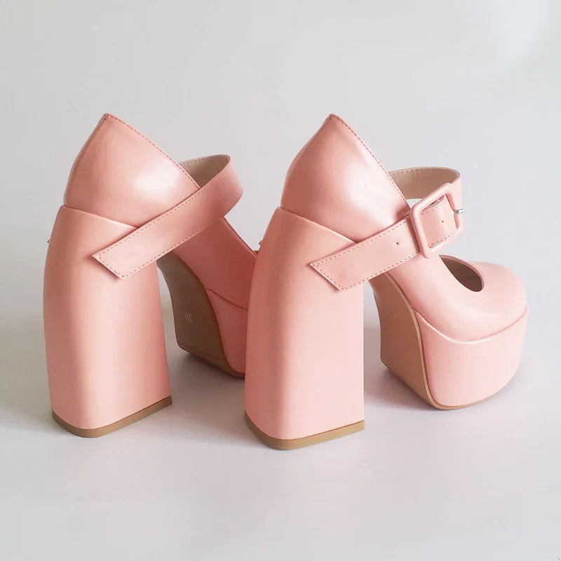 Black White Mary Janes Super Thick High Heels Platforms Pumps