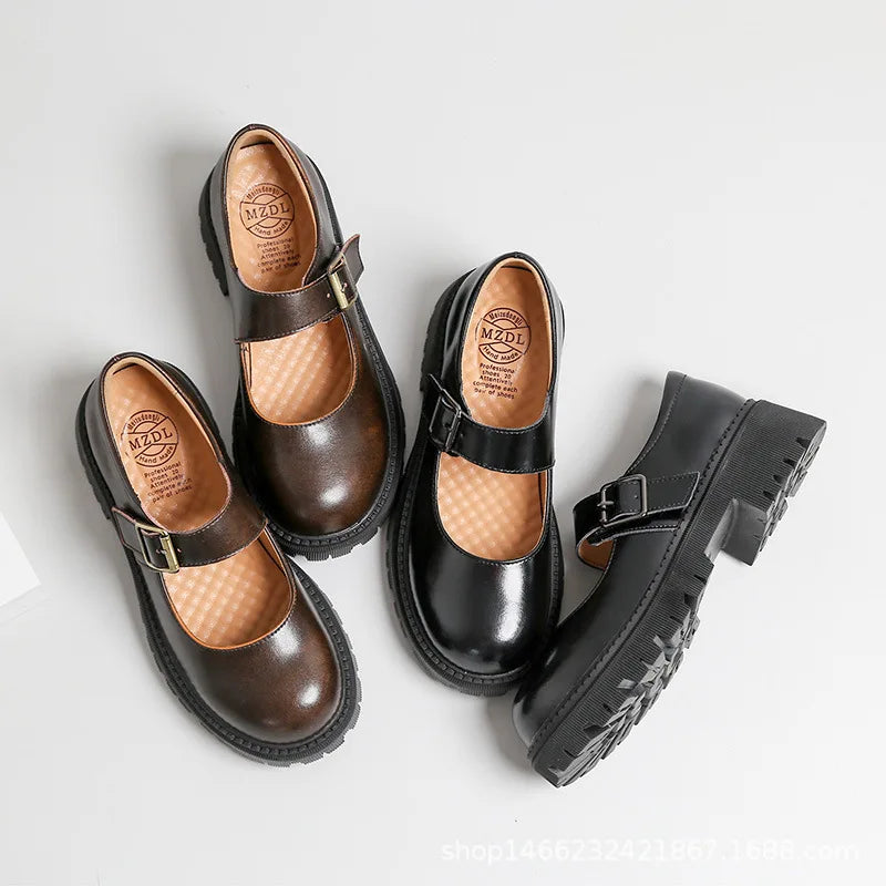 Thick-soled English Leather Shoes Mary Jane Round Toe Retro Single Shoes Genuine Leather Vintage