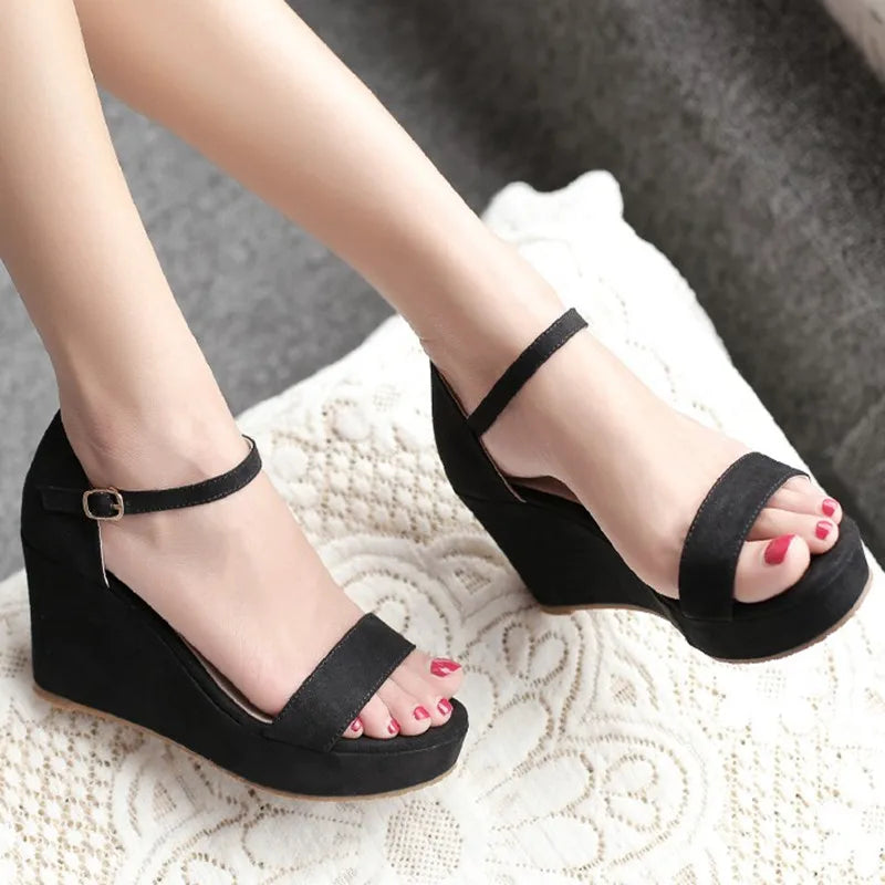Anti-skid 8cm High Heel Shoes Ankle Strap Solid Rome Sandals With Platform