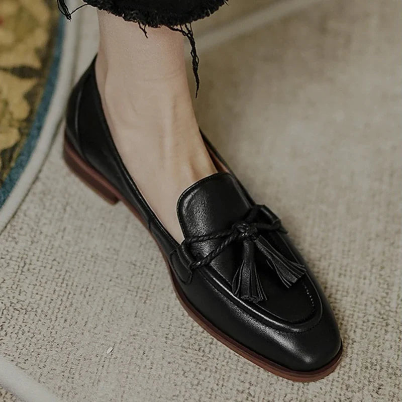 Retro Tassel bow-knot small leather shoes loafers square toe low heels oxfords woman ins genuine leather fringe flats