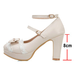 Woman Lolita Style Buckle Shoes Platform Block High Heels Pumps Bow Round Toe Ankle Strap Lady Pumps 34-43 Pink