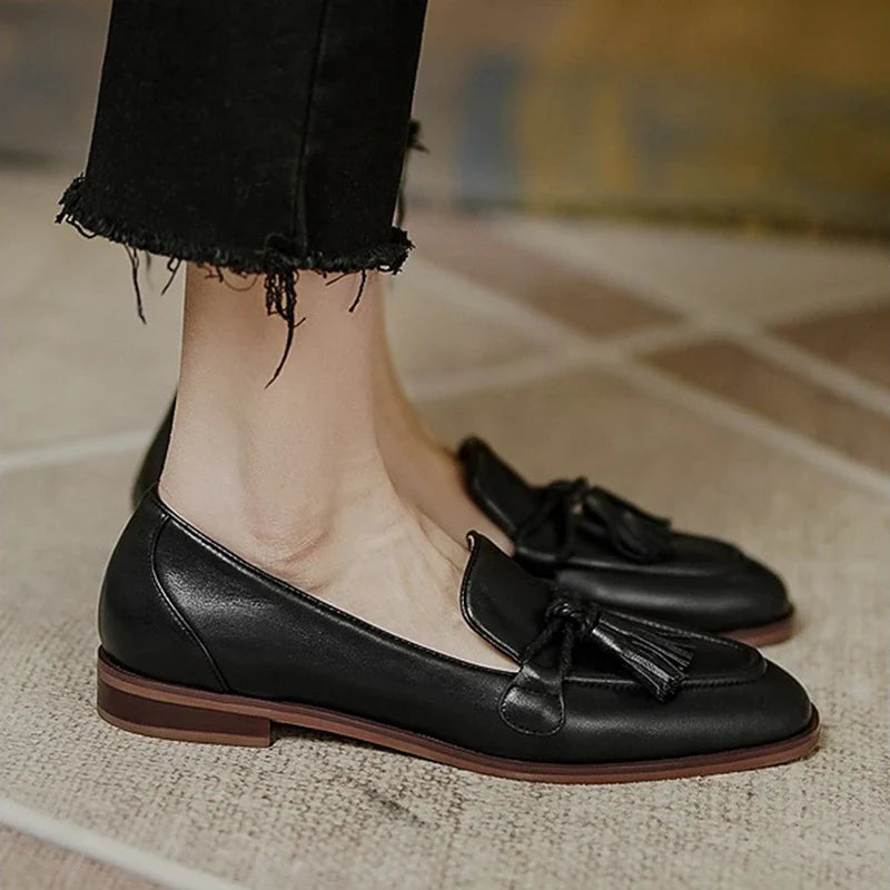 Retro Tassel bow-knot small leather shoes loafers square toe low heels oxfords woman ins genuine leather fringe flats