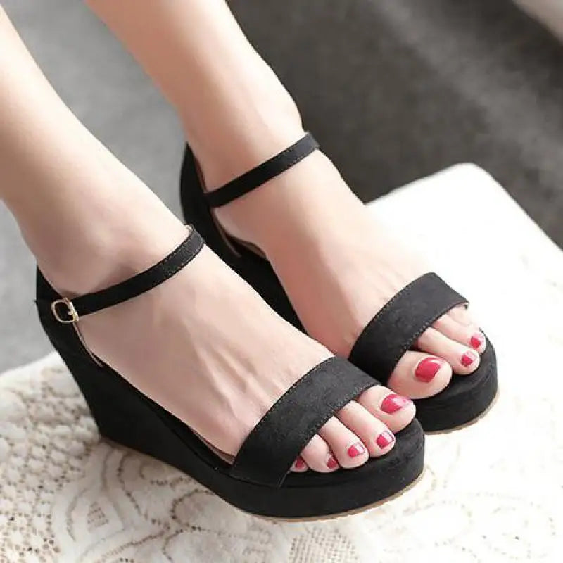 Anti-skid 8cm High Heel Shoes Ankle Strap Solid Rome Sandals With Platform