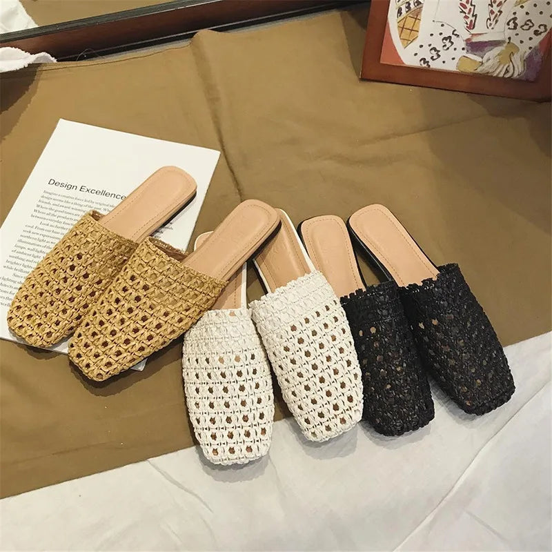 Shoes Slippers Soft Slides Slipers Cover Toe Low Loafers Fretwork Heels Comfort Flat Basic Fabric Rubber Cane PU