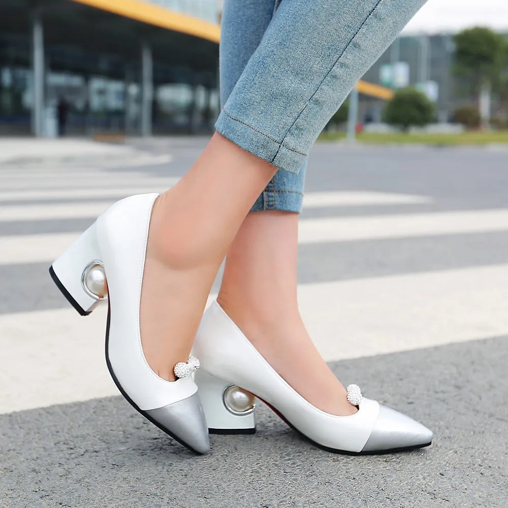 Pumps Pearl High Heels Patchwork Pointed Toe Party Fall Shoes White Red Large Size 45