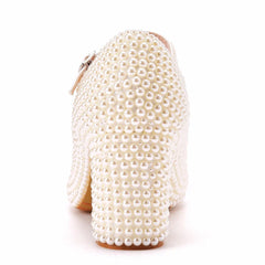 Crystal Queen Platform High Heels Mary Janes White Lolita Style Vintage Pumps Party Beige Pearl Wedding Shoes 7CM