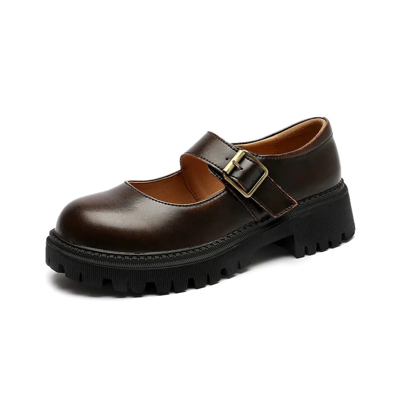 Thick-soled English Leather Shoes Mary Jane Round Toe Retro Single Shoes Genuine Leather Vintage