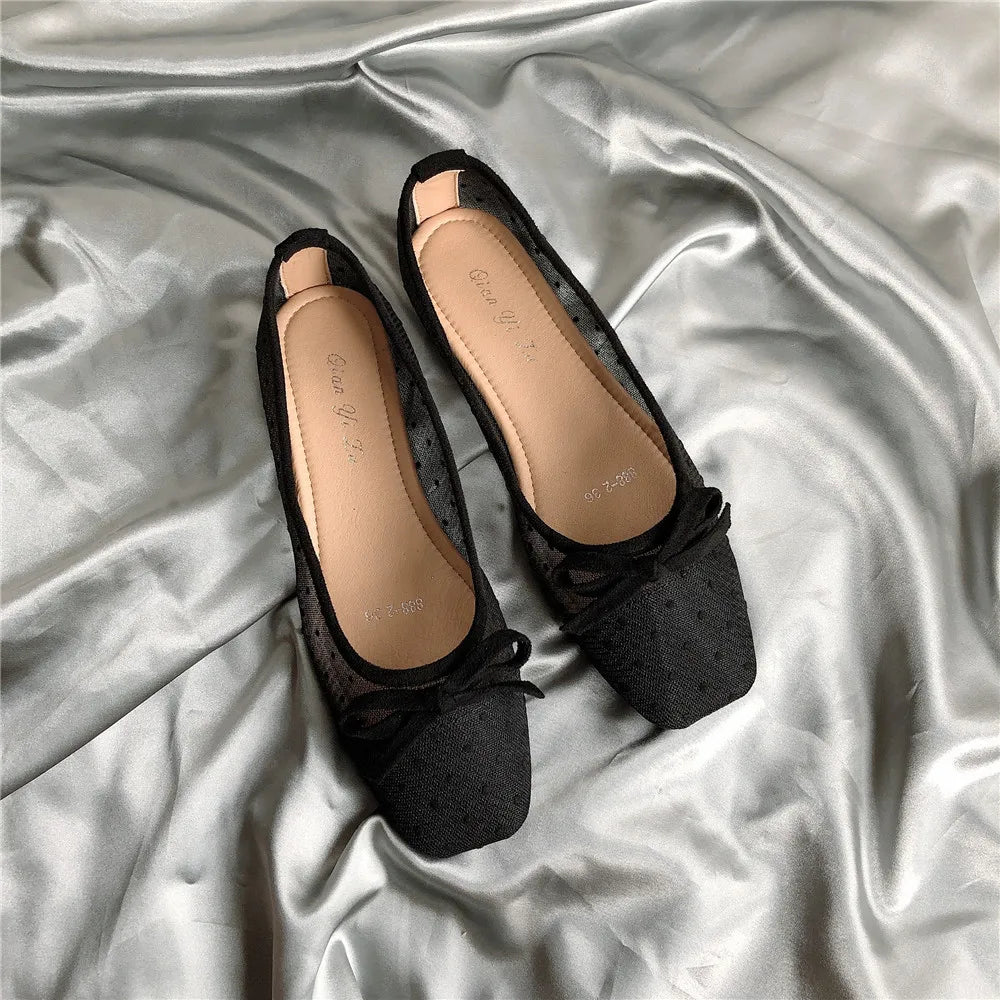 Polka dot air mesh shoes loafers sneakers woman flats espadrilles pointed toe bow-knot breathable moccasins